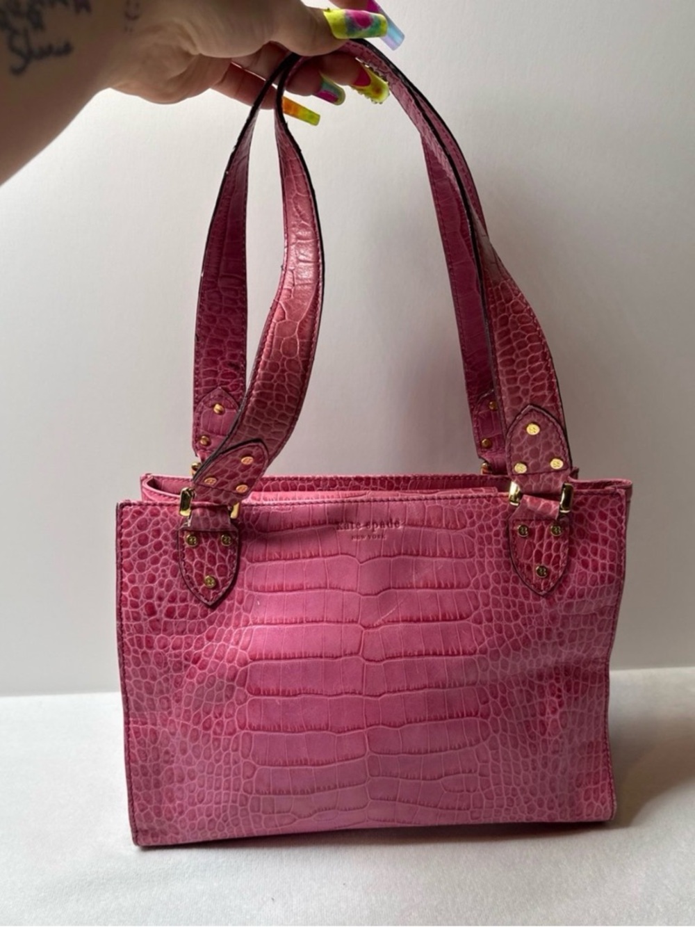 Pink Croc-Embossed Shoulder Bag